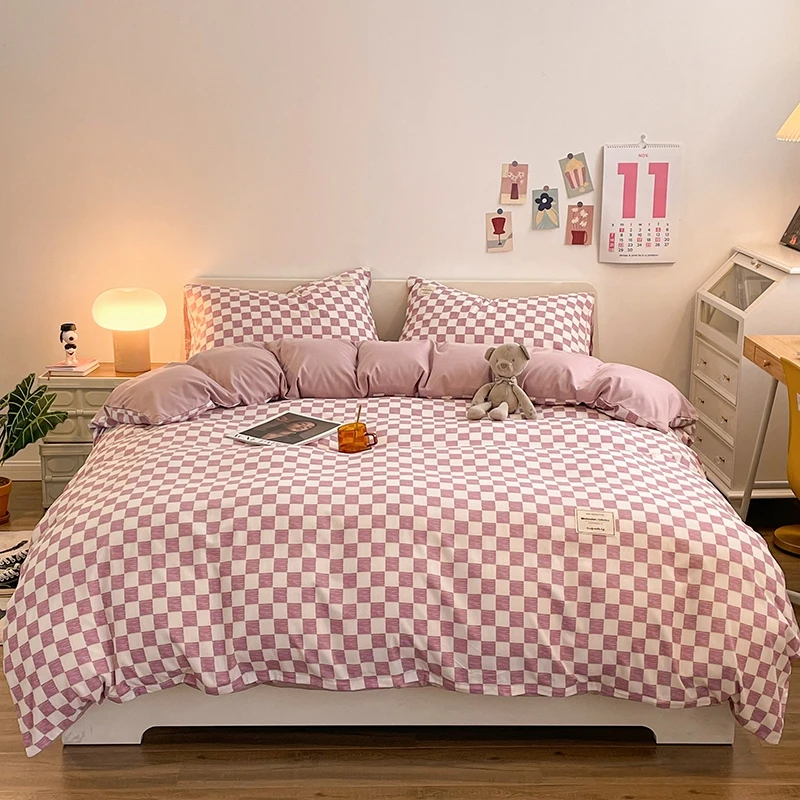 Pure Cotton Home Textile Plaid Style Bedding Set Simple Soft Duvet Cover Sheet Pillowcases Ins Style Bed Linens Queen King Size