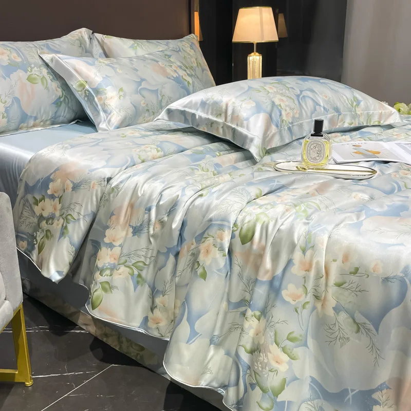 Home Silk Duvet Cover Set with Bed Sheet Pillowcase 4 Piece Natural Silk Bedding Sets Soft Smooth Comforter Covers with Zipper