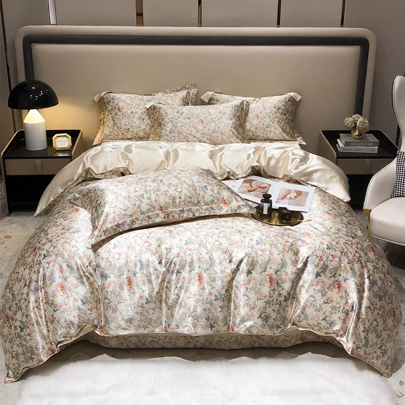 Floral Mulberry Silk Bedding Set with Duvet Cover Bed Sheet Luxury High-end Quilt Cover Fitted/Flat Bedsheet Double Queen Size