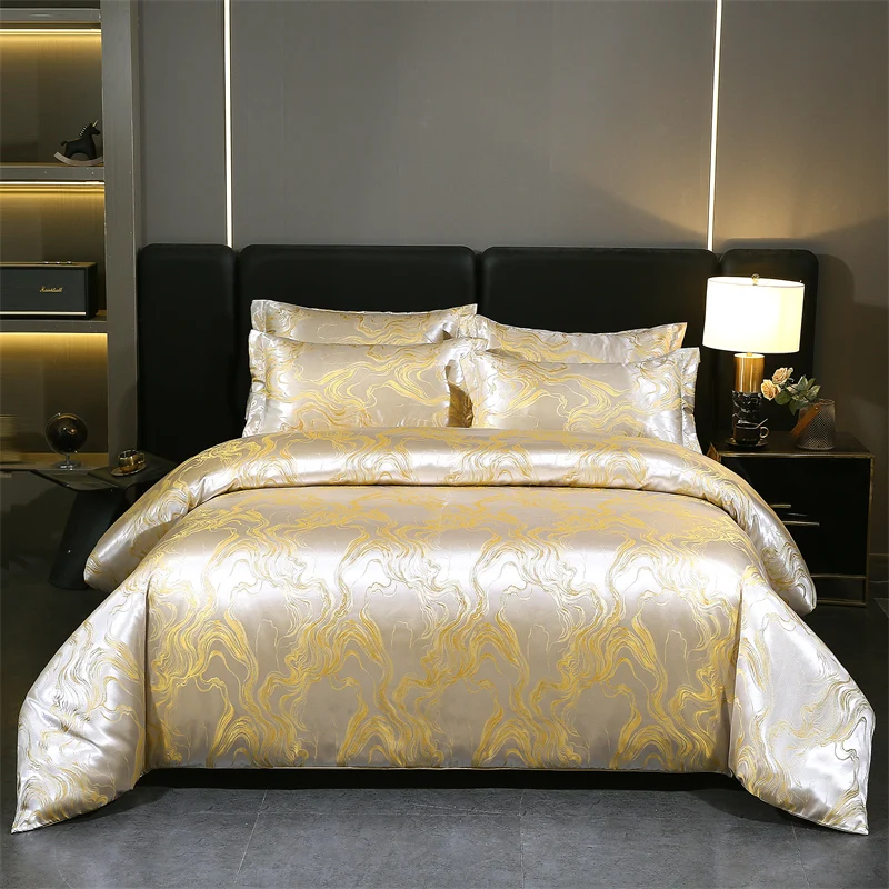 WASART Summer Satin Rayon Jacquard Duvet Cover Set 4pc Elegant Floral Luxury Bedding for Couple King Size 220x240 Cooling Fabric