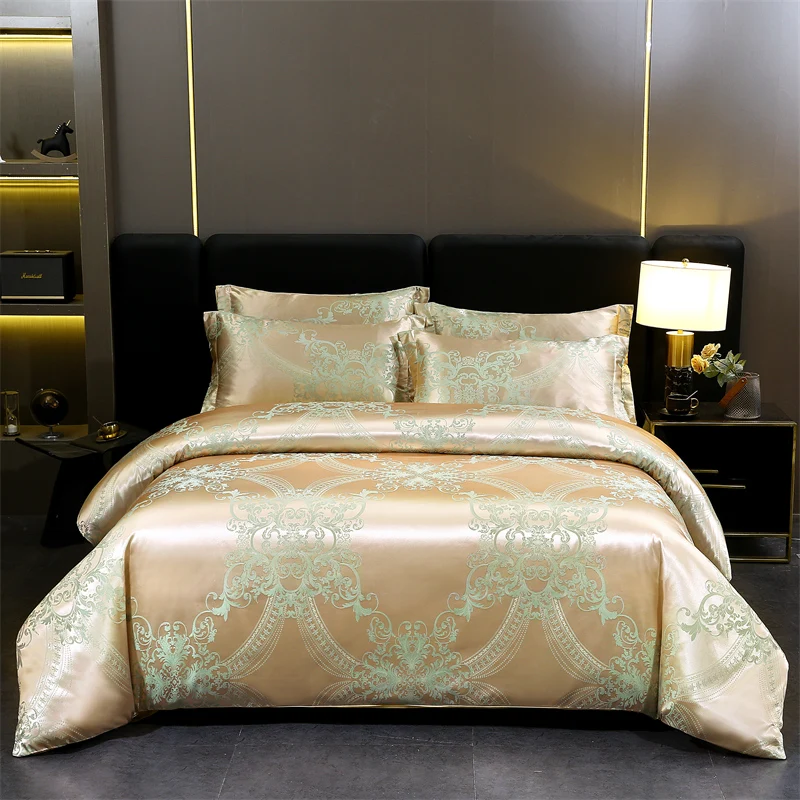 WASART Summer Satin Rayon Jacquard Duvet Cover Set 4pc Elegant Floral Luxury Bedding for Couple King Size 220x240 Cooling Fabric