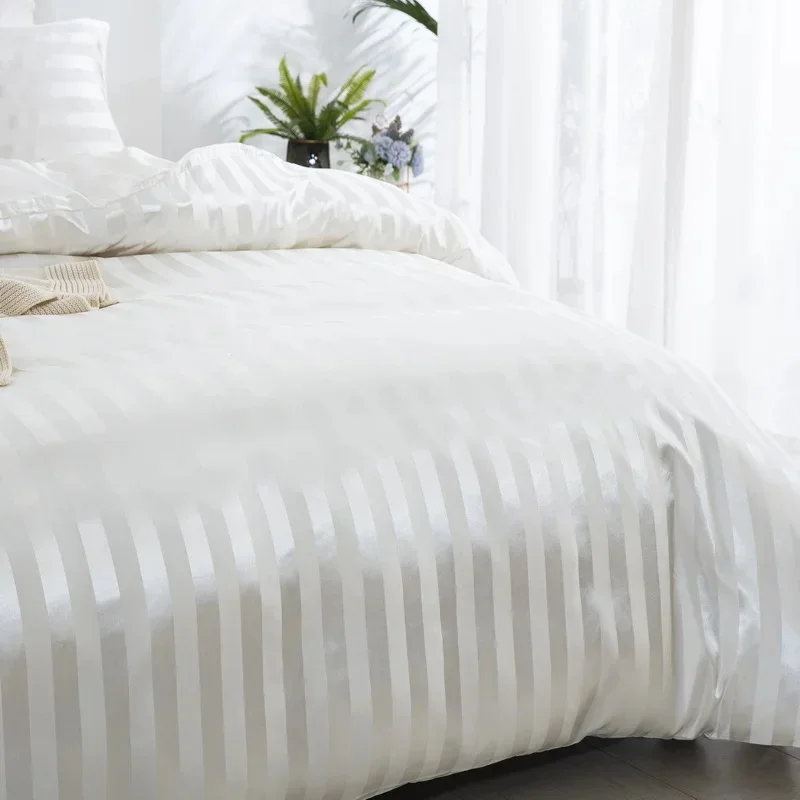 WASART Satin Stripe Ivory White Duvet Cover Luxury Bedding Set Hotel Style 220x240cm Couple Comforter set King Size Hypoallergen