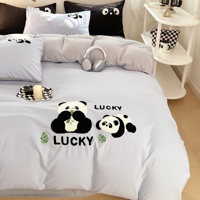 Embroidered Panda Duvet Cover Set 100% Cotton Bedding Set Flat/Fitted Sheet Quilt Cover Pillowcase Single Double Queen Size Ins