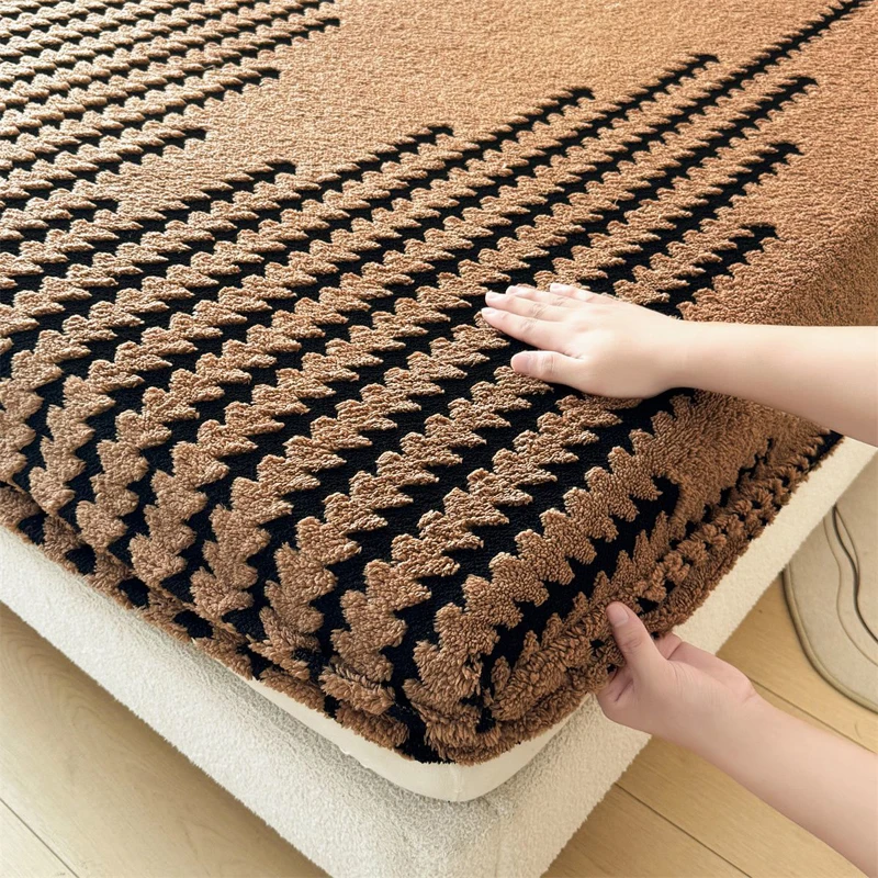 WASART Soft warm plush fitted sheet elastic mattress cover fluffy coral fleece jacquard bed linen winter luxury bedding 150x200