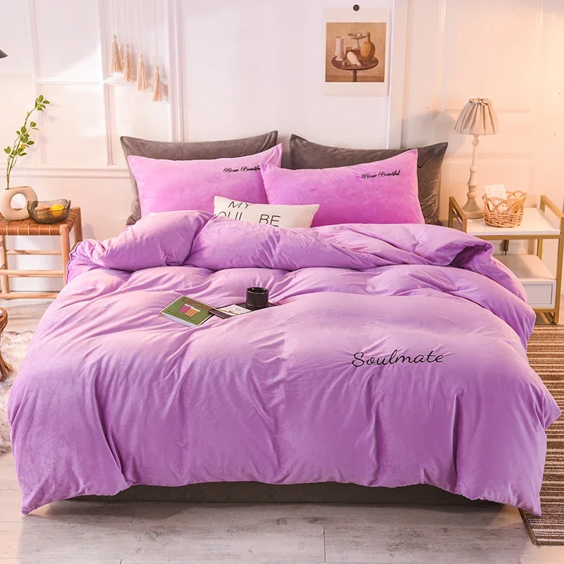 WASART Winter Warm Milk Fleece Duvet Cover 4PC Bedding Set Super King Size 220x240 Solid Embroidery Couple Luxury Home Textiles