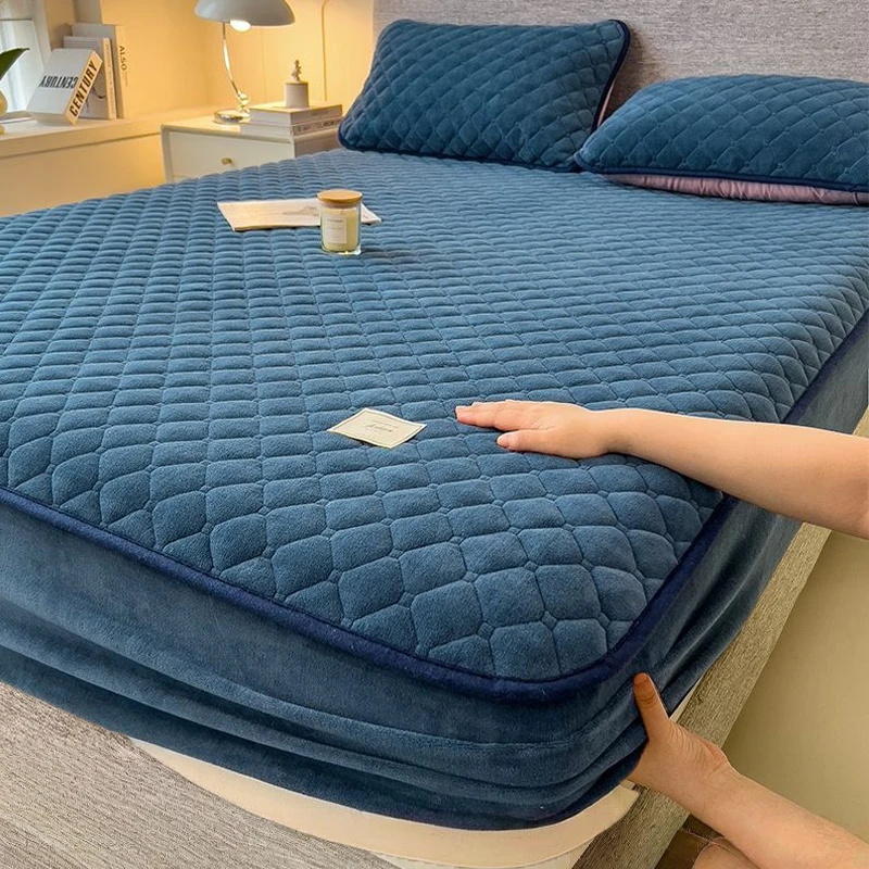 WASART Winter Warm Coral Fleece Mattress Protector Cover Quilted Thermal Elastic Fitted Sheet Luxury Double Bed Protection Pad