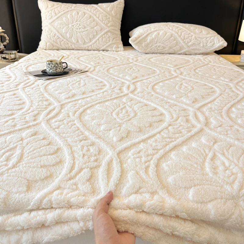 WASART Soft warm coral fleece fitted sheet elastic mattress protector cover retro jacquard winter fluffy plush bed linen 180x200