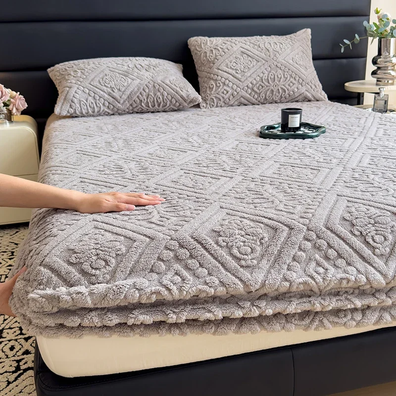 WASART Fluffy coral fleece fitted sheet elastic mattress protector cover winter warm plush bed linen luxury double bed bedding