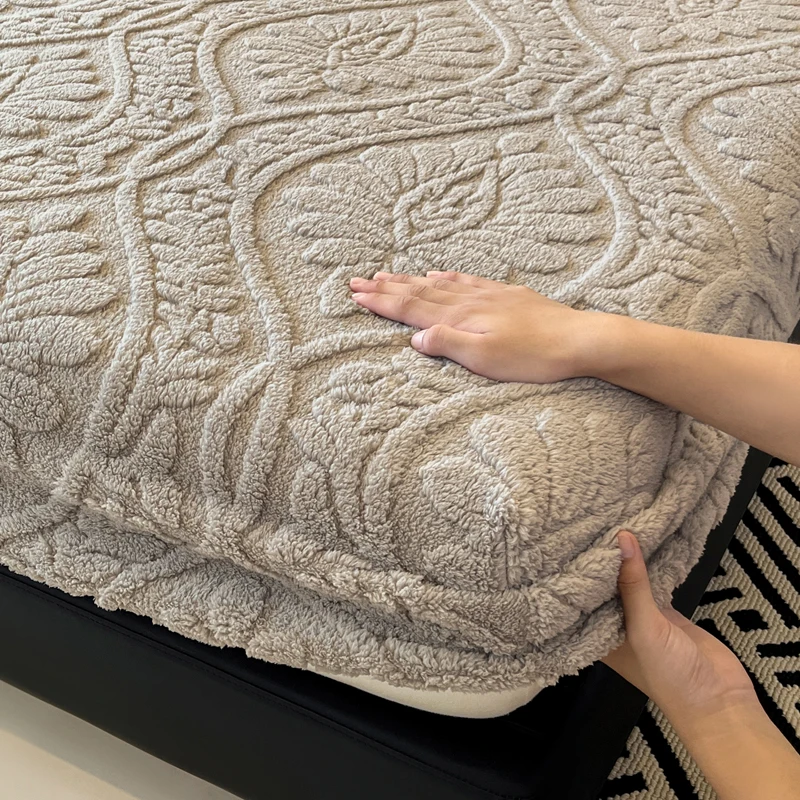 WASART Soft warm coral fleece fitted sheet elastic mattress protector cover retro jacquard winter fluffy plush bed linen 180x200