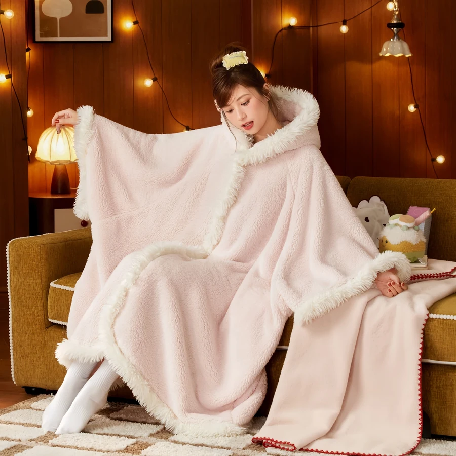 WASART Winter warm plush blanket with sleeves hooded sweater boho style wearable oversized outdoor fluffy fleece hoodie blanket