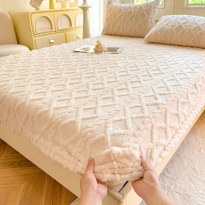 WASART Fluffy plush fitted sheet elastic mattress protector cover warm winter bed linen couple double bed bedding king size